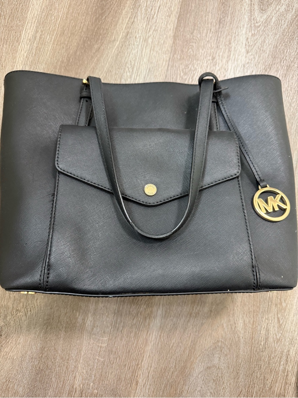 Michael Kors Black Saffiano Tote with Gold MK Charm